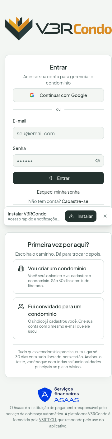 A mesma tela de entrada no celular, com o formulário de entrar empilhado acima das duas portas