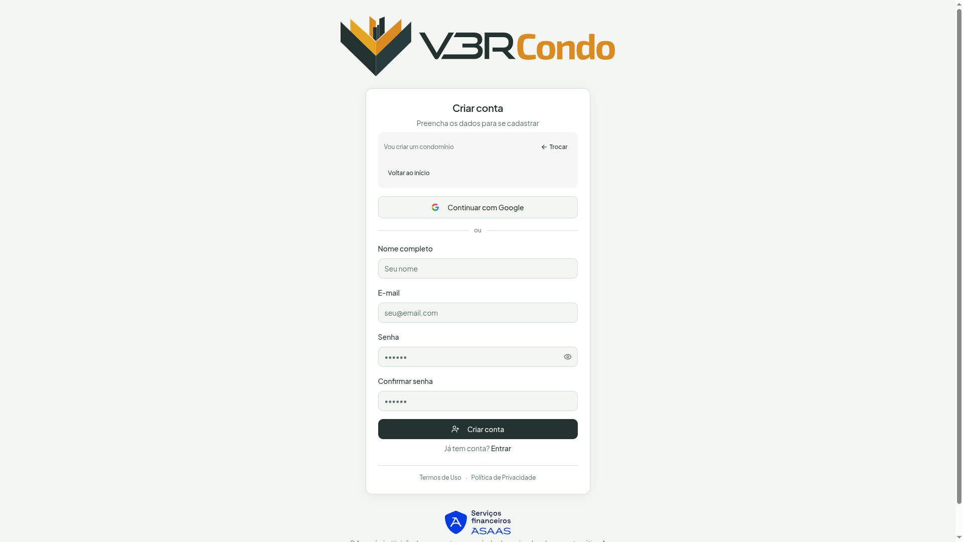 Formulário de cadastro com a porta "Vou criar um condomínio" escolhida, e os botões Trocar e Voltar ao início