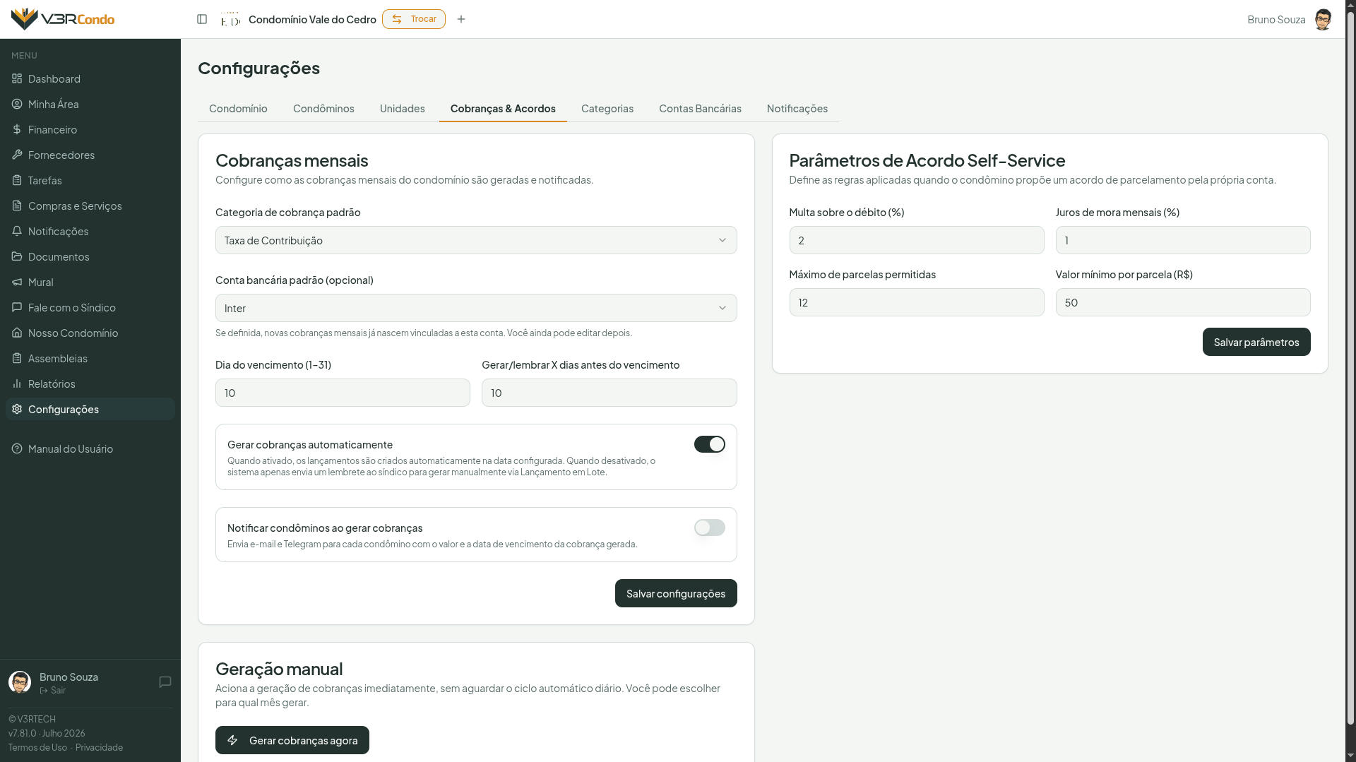 Aba Cobranças & Acordos: categoria e conta bancária padrão, dia de vencimento, geração automática e parâmetros de acordo
