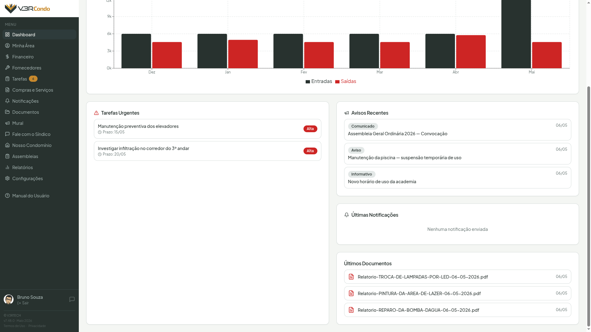 Seções inferiores do Dashboard: avisos recentes e últimos documentos