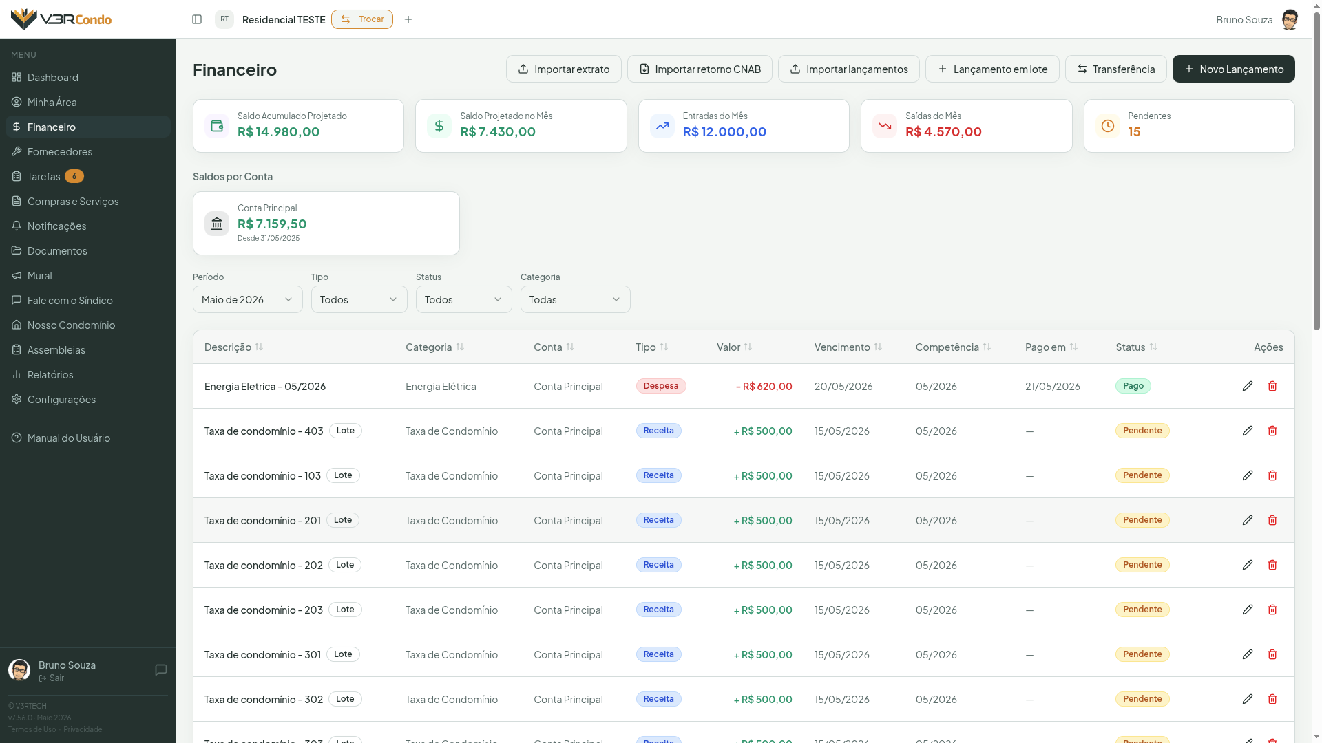 Módulo Financeiro com cards de resumo, saldos por conta e lista de lançamentos