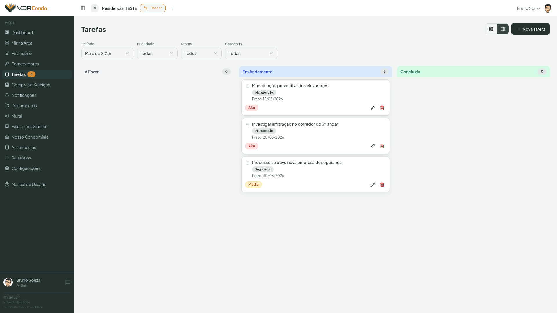 Visão Kanban do módulo de Tarefas