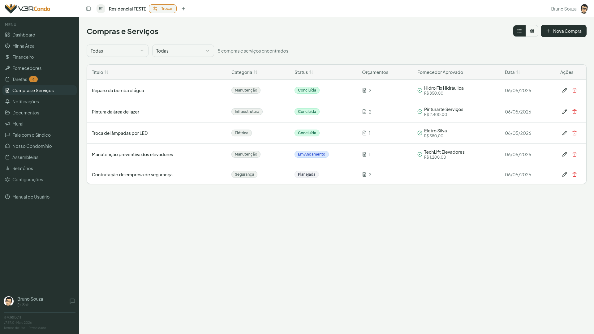 Lista de compras e serviços em tabela com filtros de categoria e status