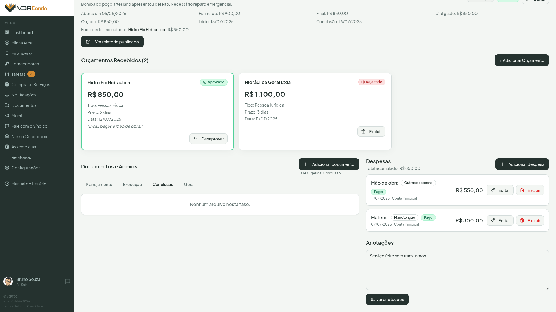 Seção inferior da página de detalhe com layout em duas colunas: Documentos e Anexos à esquerda, Despesas e Anotações à direita