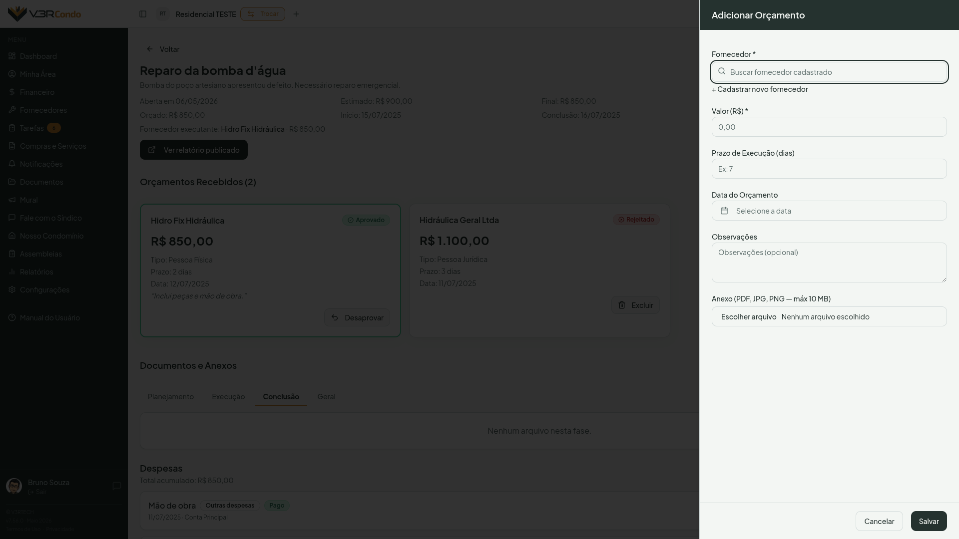 Formulário de adição de orçamento com fornecedor, valor e prazo