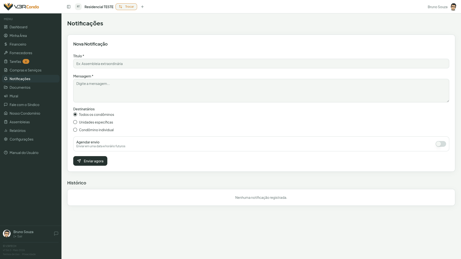 Histórico de notificações enviadas com status