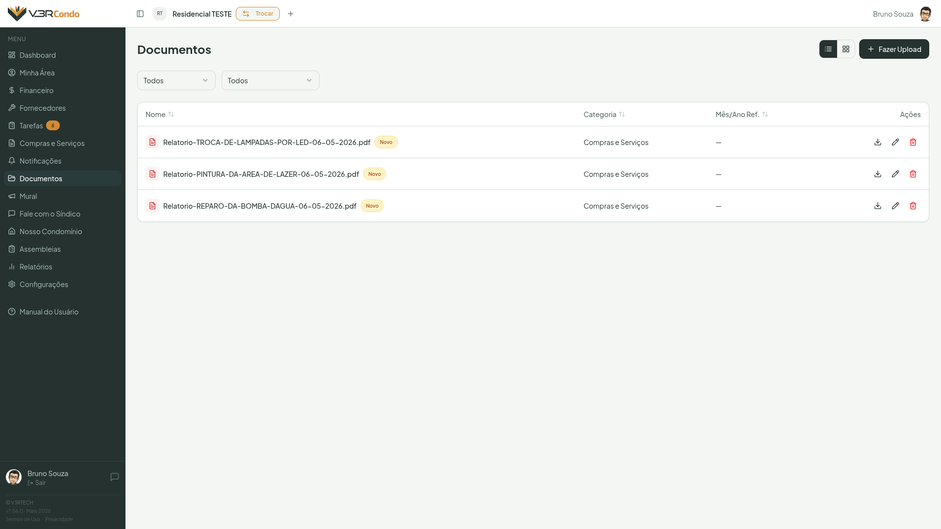 Módulo de Documentos com cards, badge "Novo" e filtros