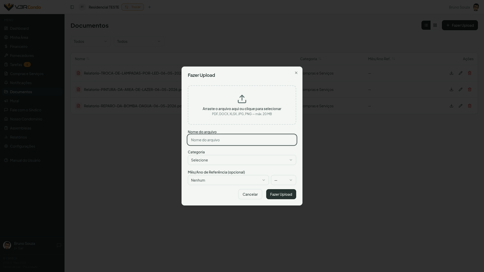 Tela de upload com campos de nome, categoria e mês/ano de referência