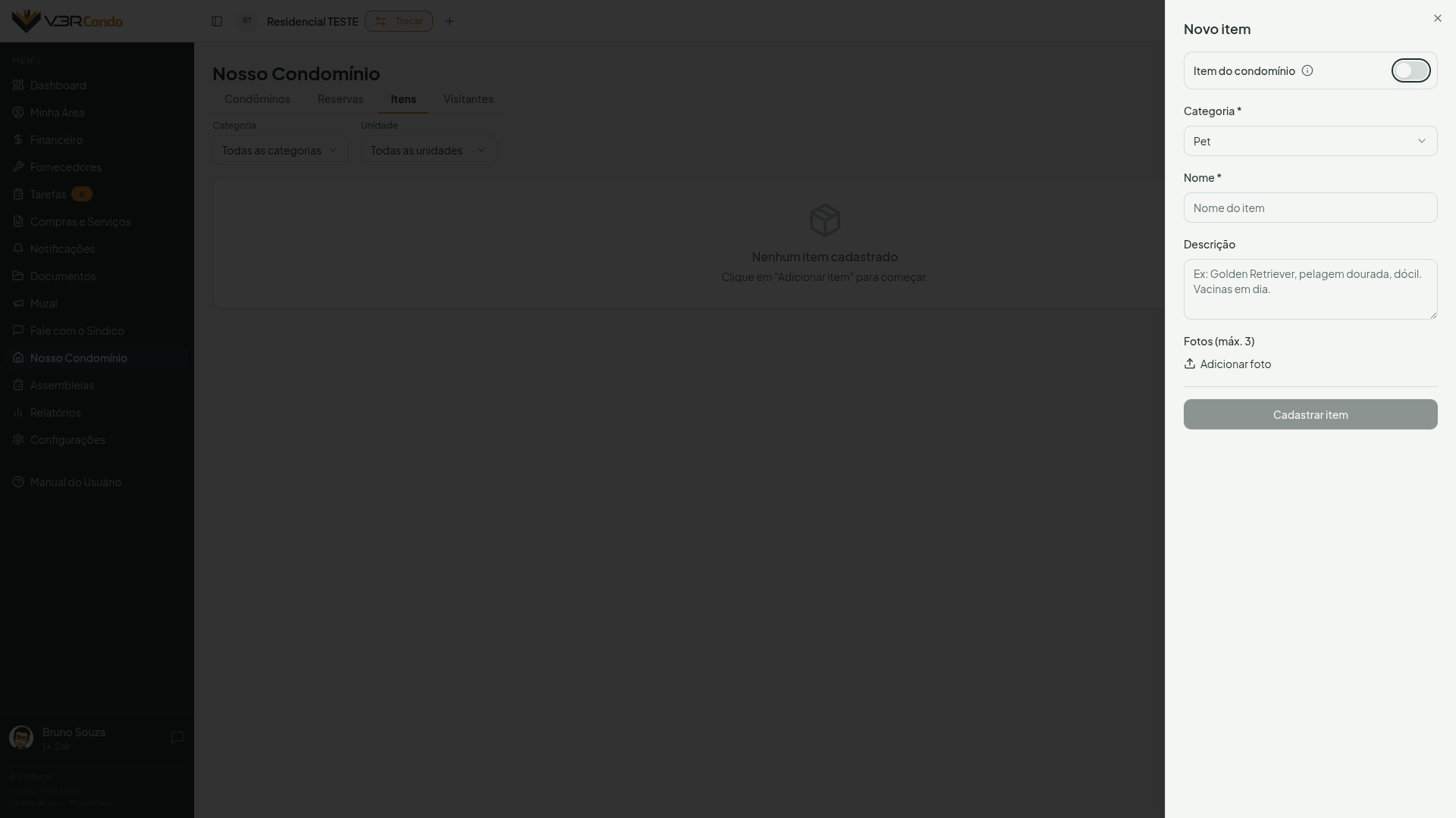 Formulário de cadastro de item com toggle "Item do condomínio"