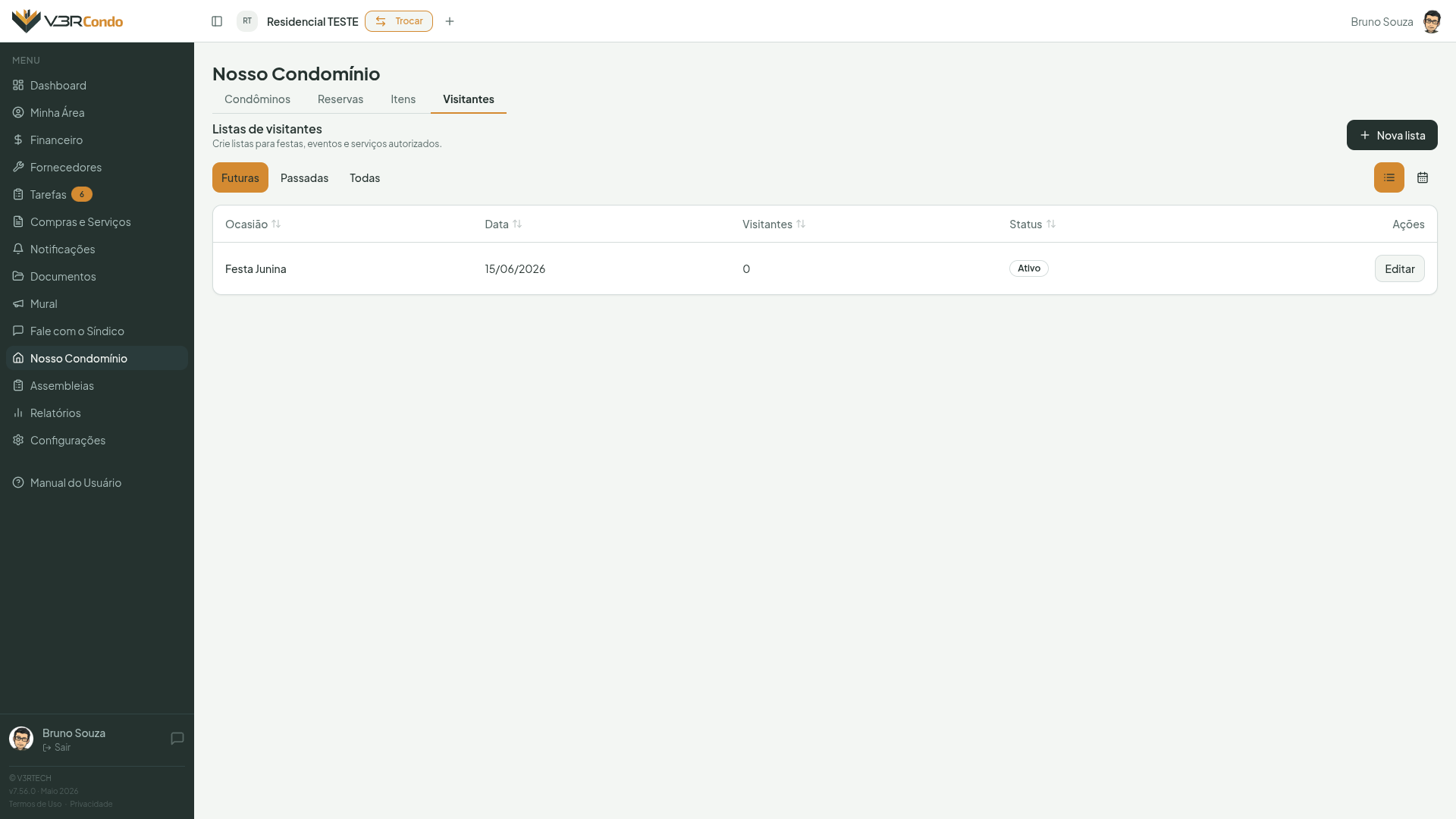 Aba Visitantes — tabela de listas de eventos com filtros Futuras/Passadas/Todas