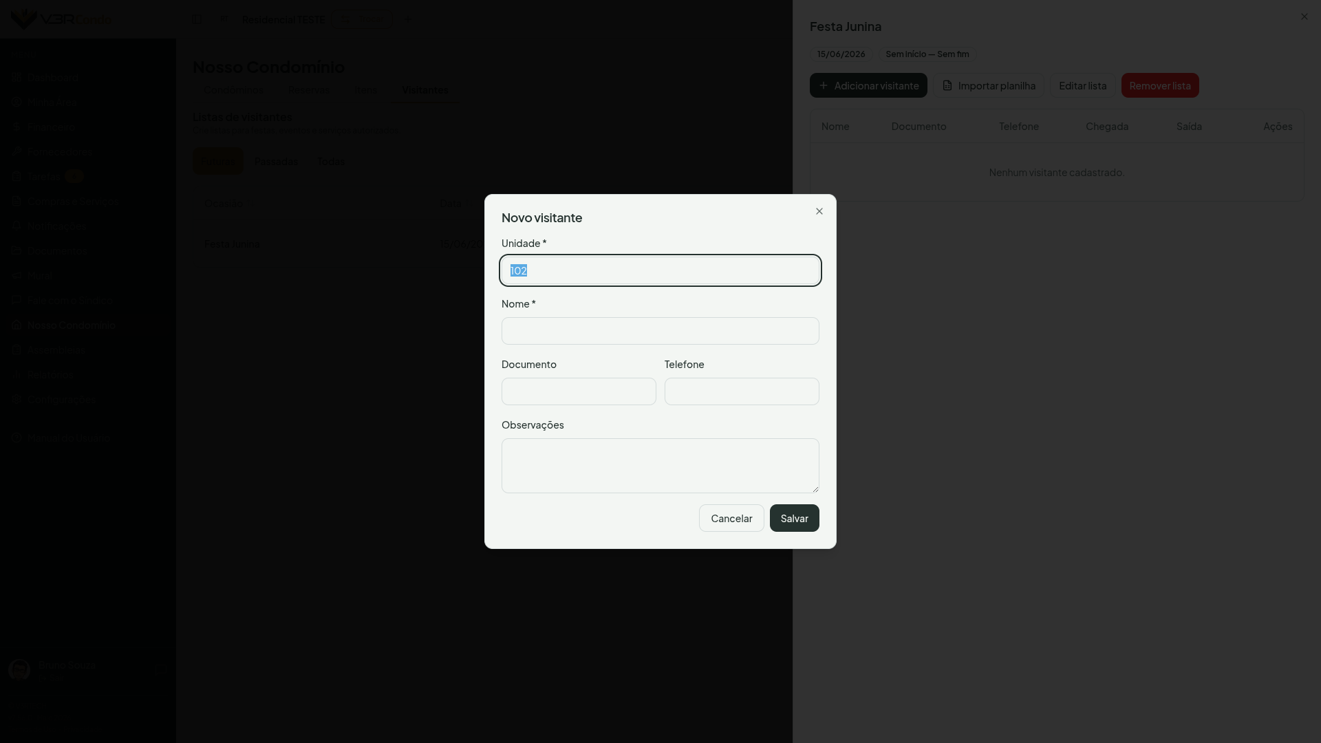 Modal de adição de visitante com nome, documento, telefone e horários