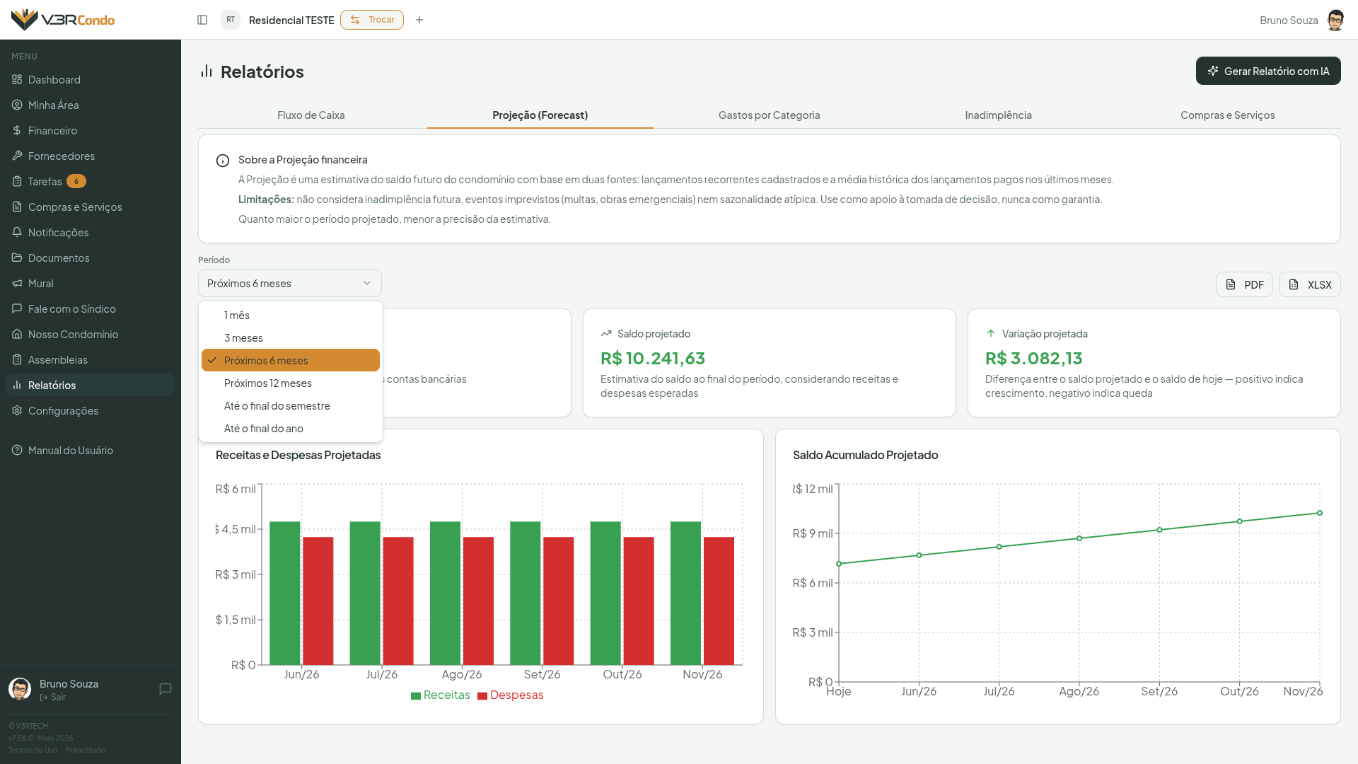 Seletor de período da Projeção com as opções disponíveis
