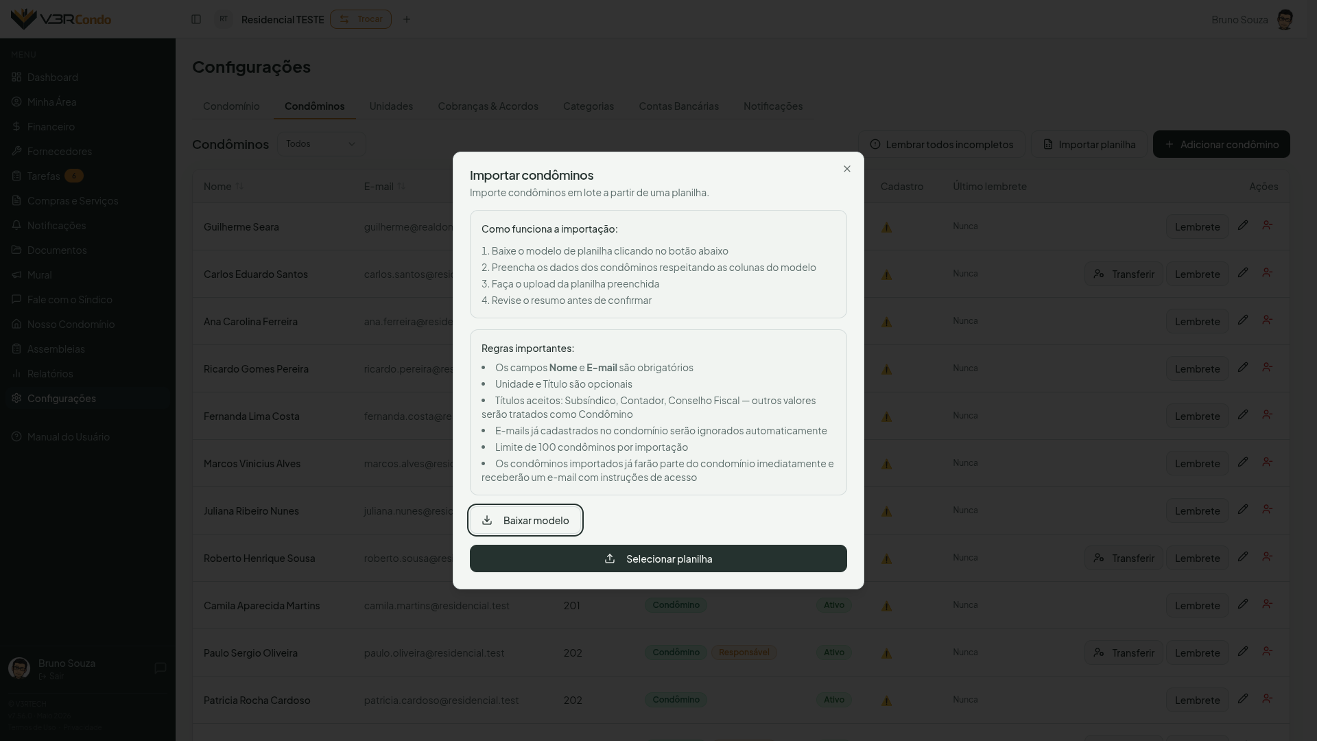 Tela de importação de planilha de condôminos