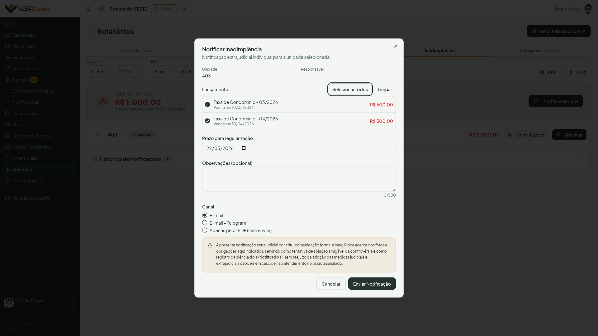 Modal de notificação individual com seleção de lançamentos, prazo e canal de envio