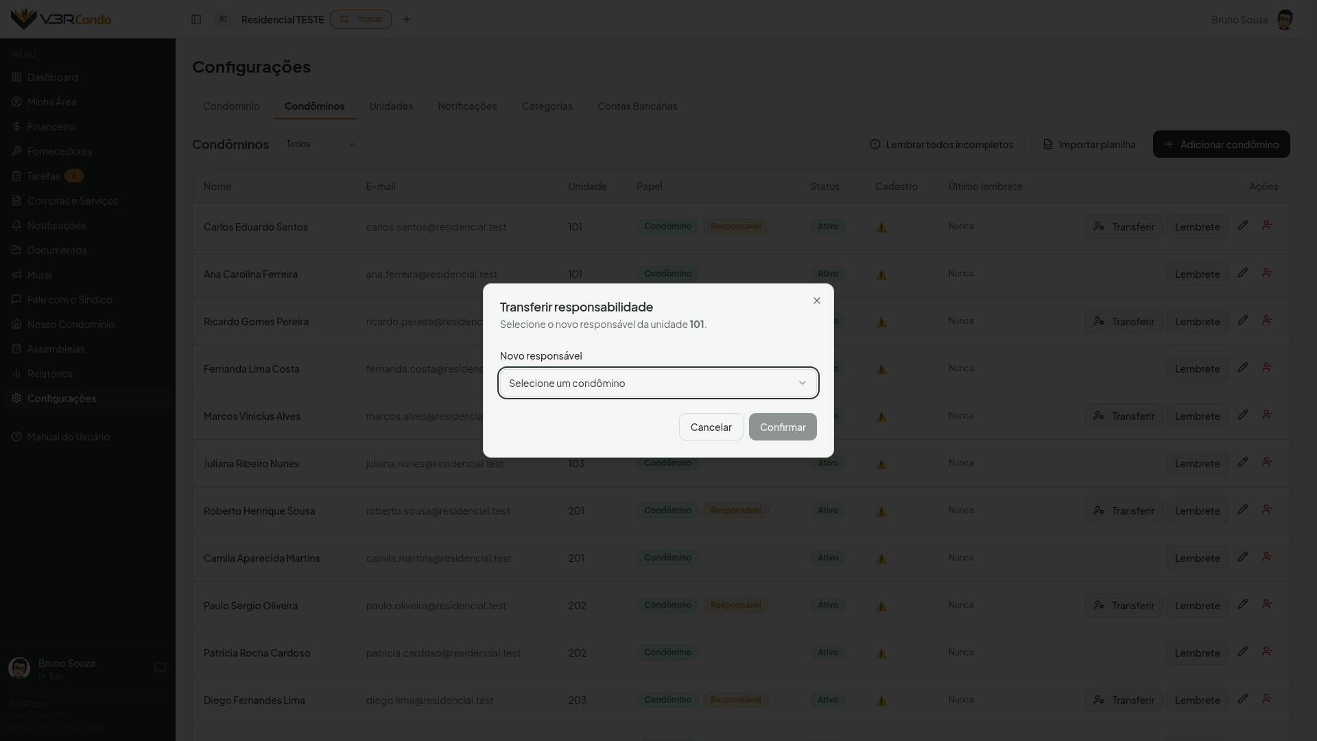 Modal de transferência de responsabilidade com seletor de novo responsável