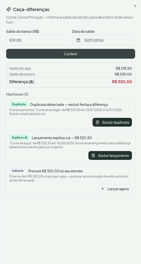 Painel mostrando a diferença e a lista de hipóteses, com a mais provável no topo