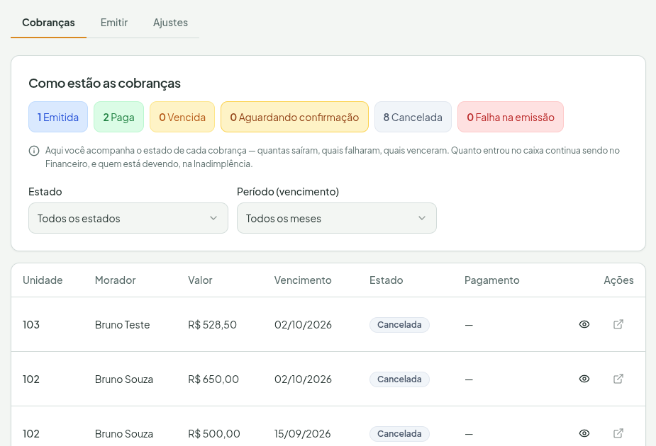 Aba Cobranças da Cobrança Automática, com as três abas do módulo, o cartão "Como estão as cobranças" com um contador por estado, os filtros e o início da lista