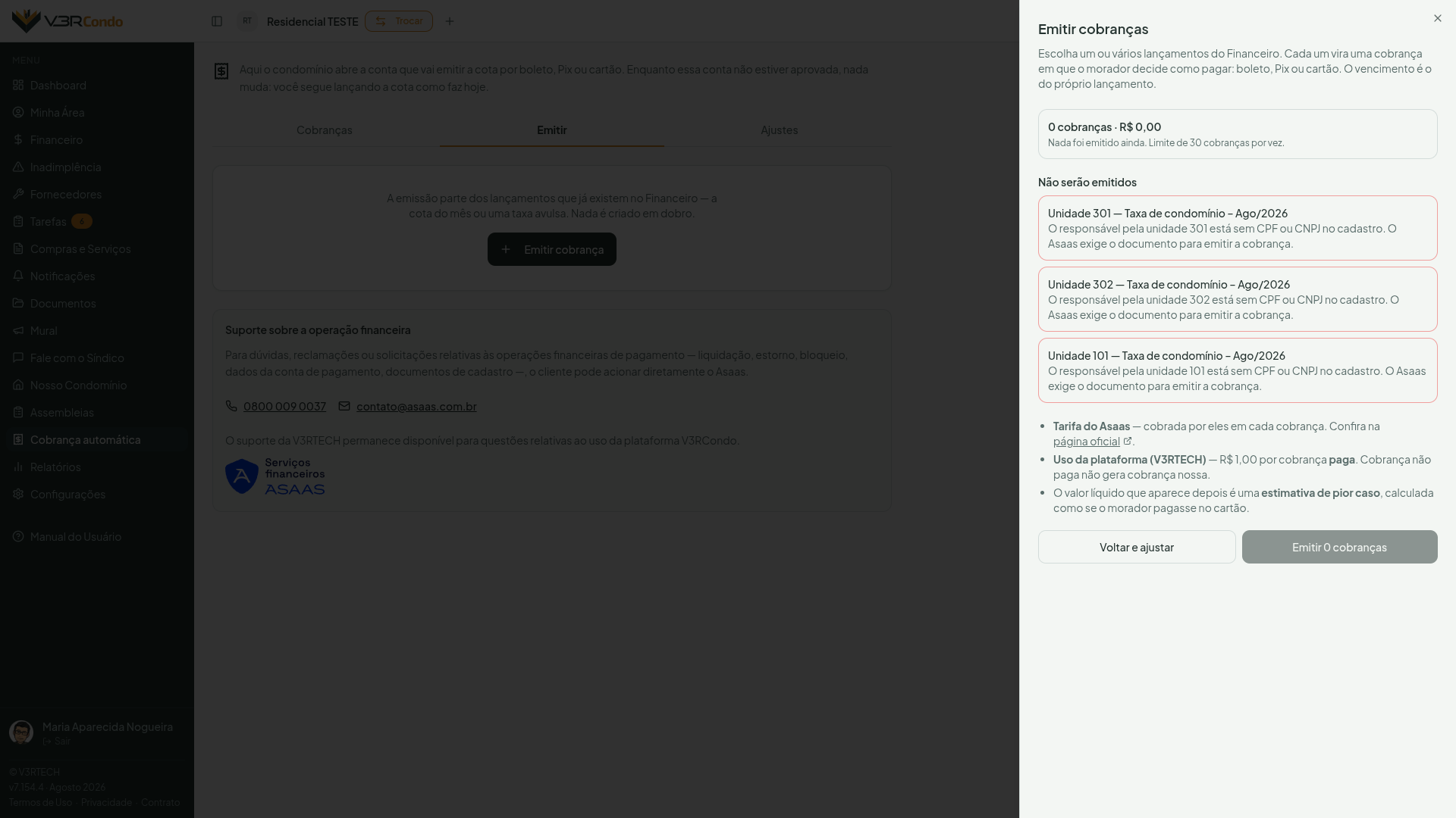 Tela de revisão antes de emitir, mostrando quantas cobranças serão criadas, o limite de 30 por vez, e a lista do que não será emitido com o motivo de cada recusa