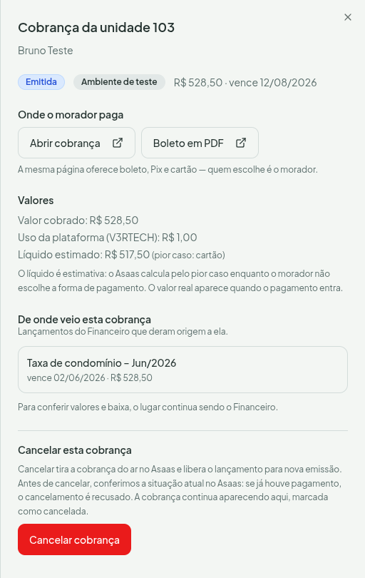 Detalhe de uma cobrança emitida, com o bloco "Onde o morador paga" (Abrir cobrança e Boleto em PDF), os valores e o lançamento que deu origem à cobrança