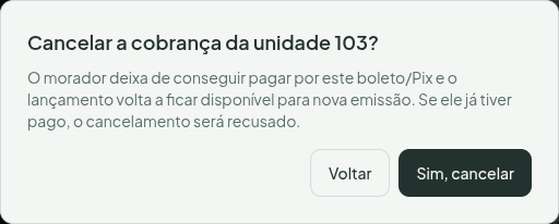 Diálogo de confirmação perguntando se você quer cancelar a cobrança da unidade, com os botões Voltar e Sim, cancelar
