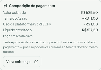 Bloco "Composição do pagamento" no lançamento da cota paga: valor cobrado, tarifa do Asaas, uso da plataforma e líquido creditado, com a data do pagamento