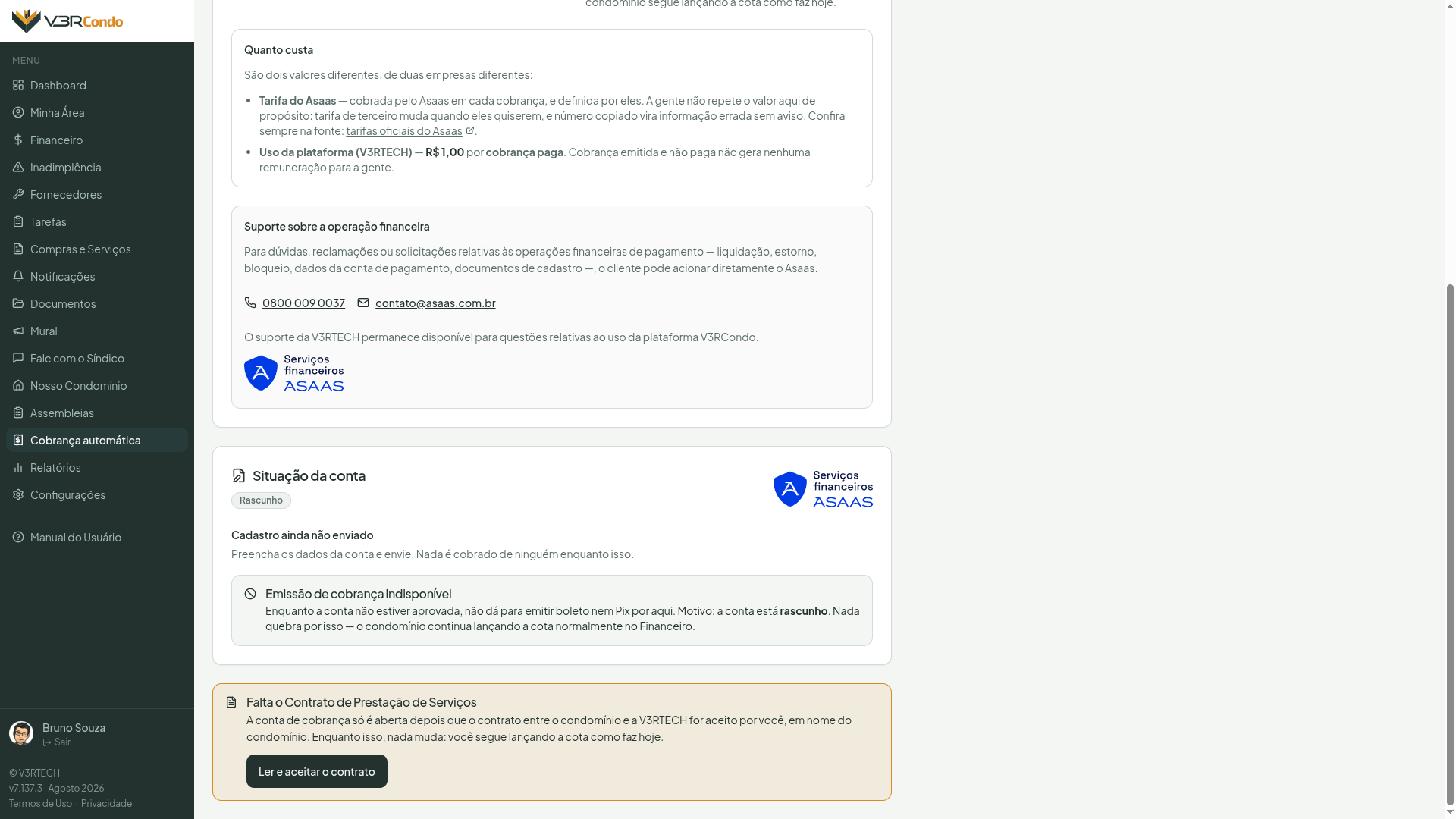 Aviso "Falta o Contrato de Prestação de Serviços" na tela de Cobrança automática, com botão para ler e aceitar
