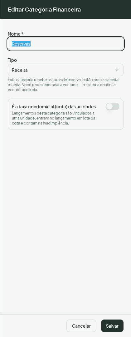 Modal de edição da categoria Reservas com o campo Tipo bloqueado e a explicação