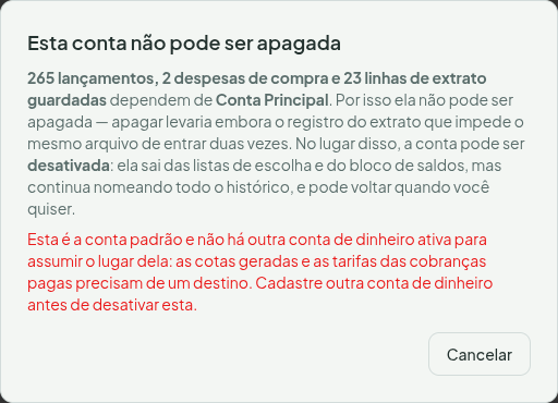 Diálogo "Esta conta não pode ser apagada", com a contagem do que depende da conta, a oferta de desativar e o seletor de nova conta padrão