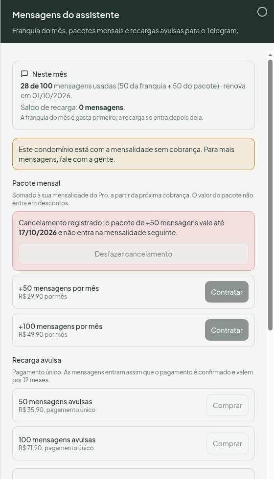 Painel Mensagens do assistente, com o uso do mês, o pacote mensal ativo (com cancelamento registrado) e os pacotes e recargas disponíveis para contratar