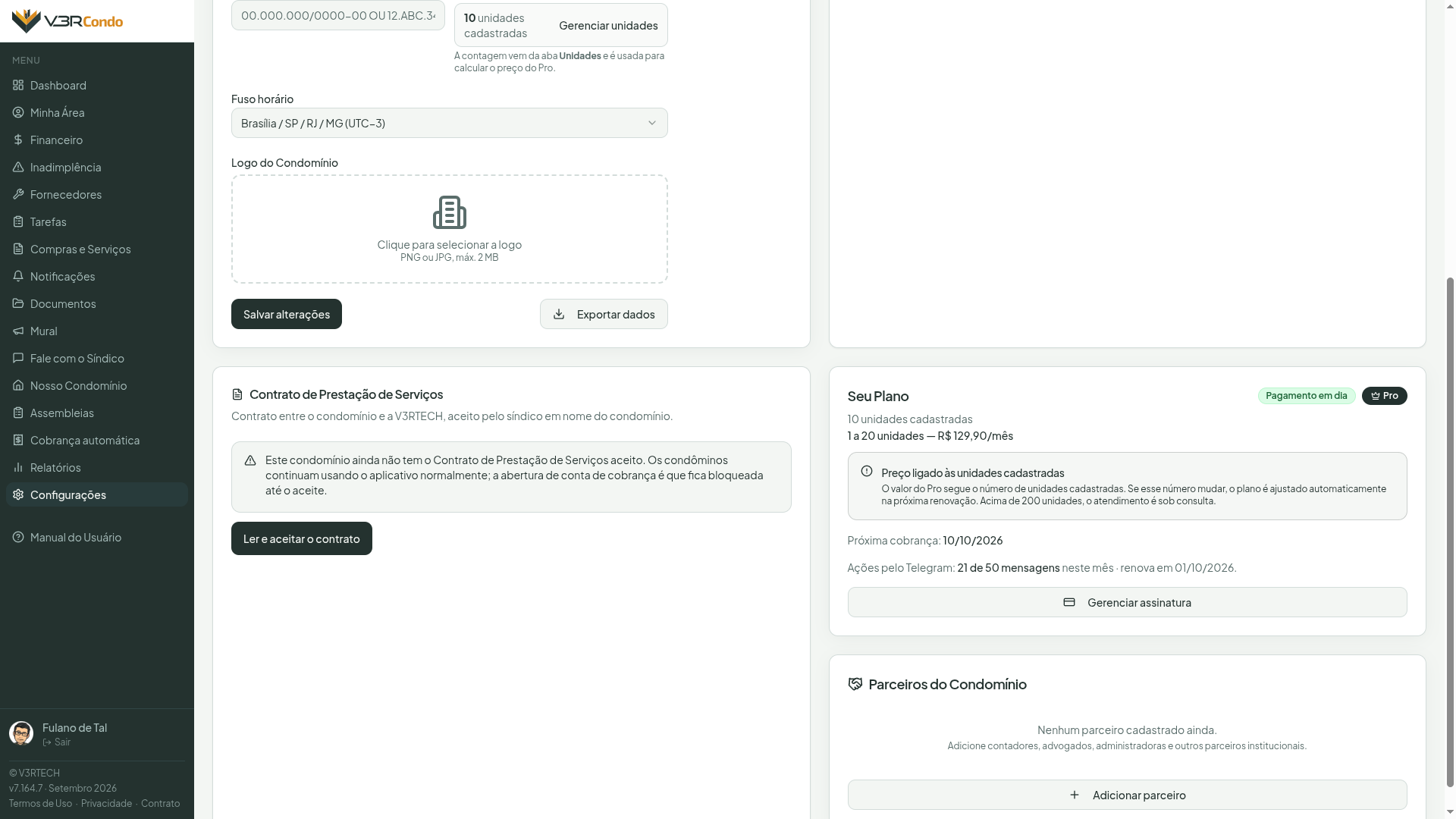 Card Seu Plano, em Configurações, com a linha Ações pelo Telegram mostrando quantas mensagens já foram usadas no mês e a data de renovação