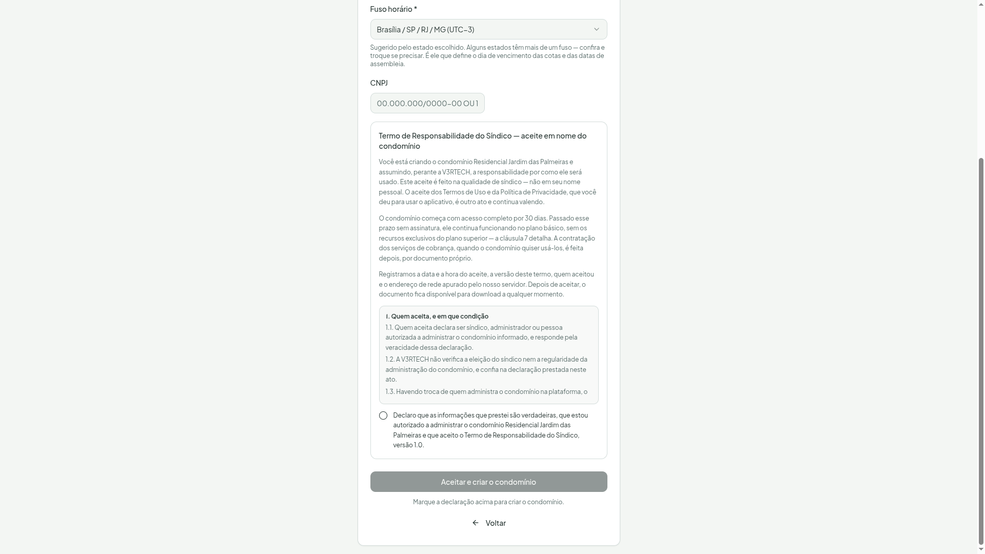 Formulário de criação de condomínio com o Termo de Responsabilidade do Síndico, a declaração de aceite e o botão Aceitar e criar o condomínio