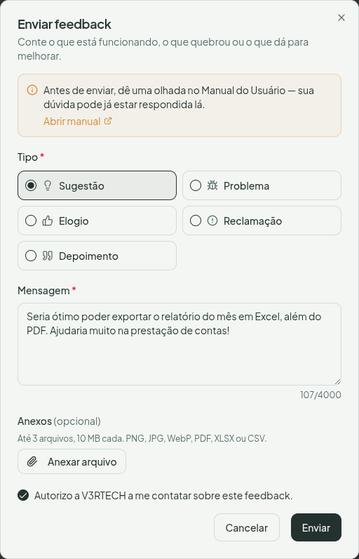 Formulário de feedback com tipo, mensagem, anexos e consentimento