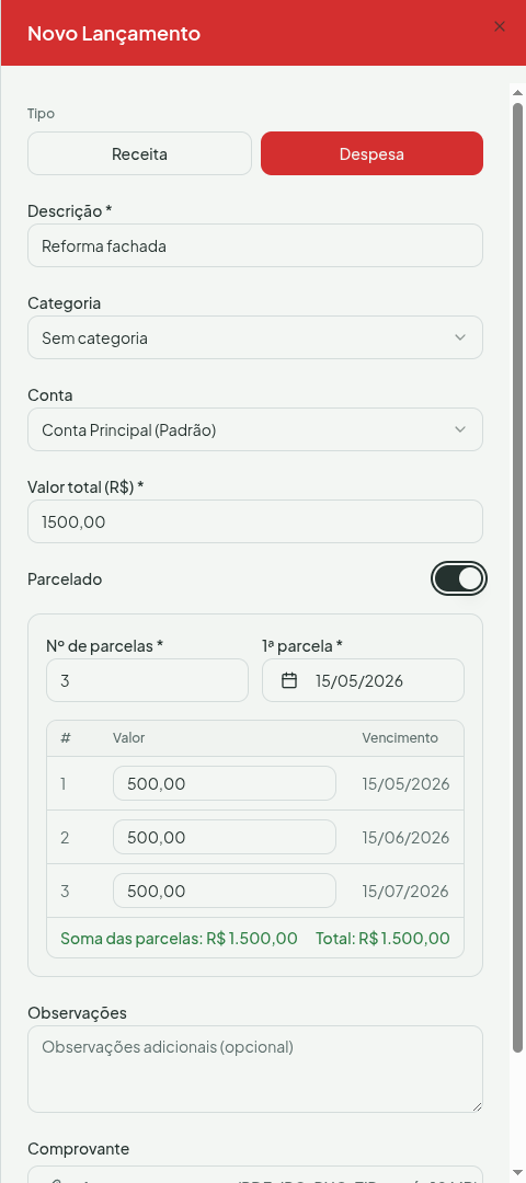 Formulário com toggle Parcelado ativado mostrando Nº de parcelas, data da 1ª parcela e tabela de prévia com valor e vencimento de cada parcela