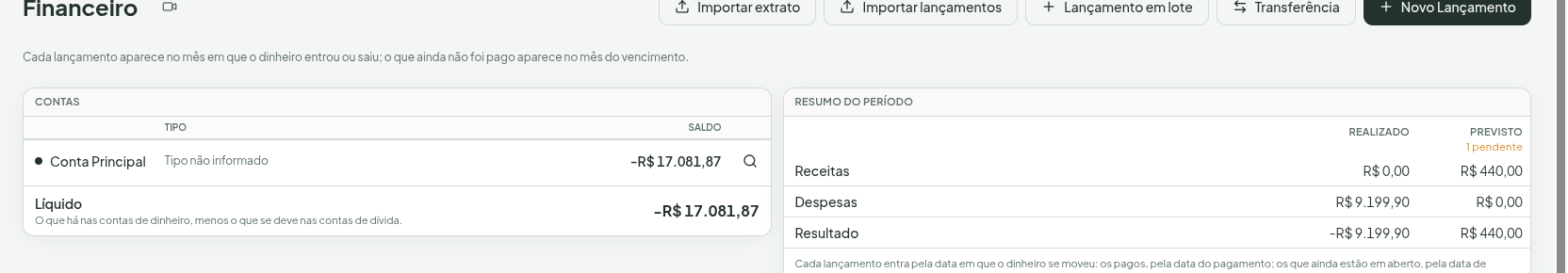 Painéis Contas e Resumo do período, lado a lado no topo do Financeiro