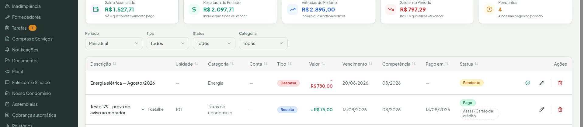 Lista do Financeiro com o selo "Asaas · Cartão de crédito" nas linhas baixadas automaticamente