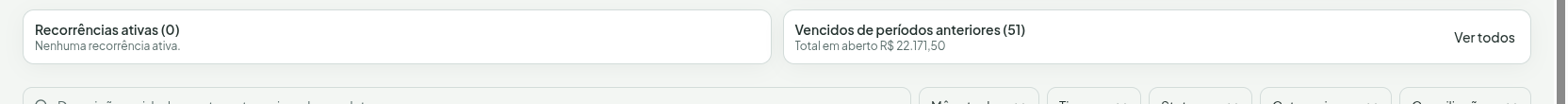 Cards Recorrências ativas e Vencidos de períodos anteriores, lado a lado, com o botão Ver todos