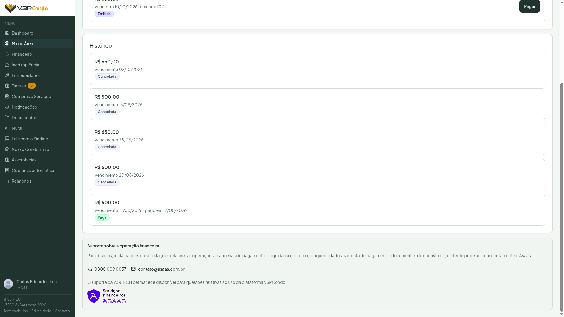 Seção Histórico de Minhas cobranças com uma cobrança no status Paga, mostrando o vencimento e a data do pagamento
