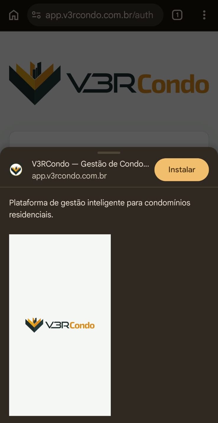 Painel de instalação do Chrome no Android, com o ícone e o nome do V3RCondo e o botão Instalar