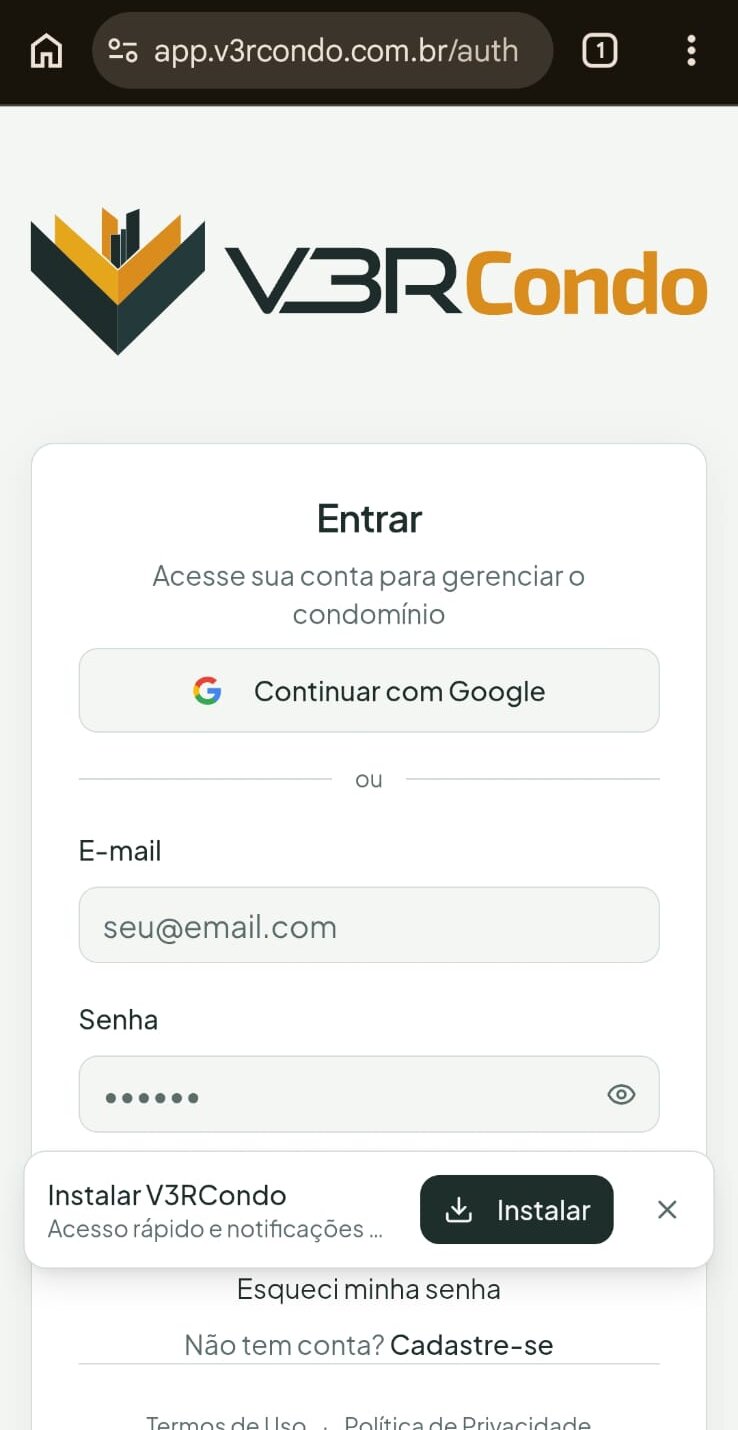 Tela de entrada do V3RCondo no Chrome do Android, com a faixa "Instalar V3RCondo" e o botão Instalar na parte de baixo