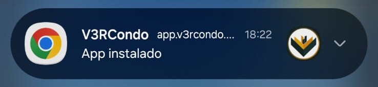 Notificação do Android avisando "V3RCondo — App instalado"