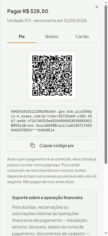Painel de pagamento por Pix no celular, com o QR Code, o código copia-e-cola e o botão Copiar código pix