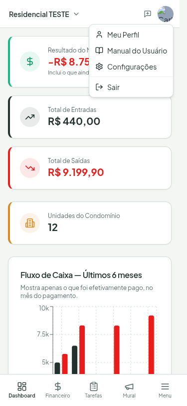 Menu aberto ao tocar na foto no celular, com Manual do Usuário, Feedback e Configurações escritos por extenso