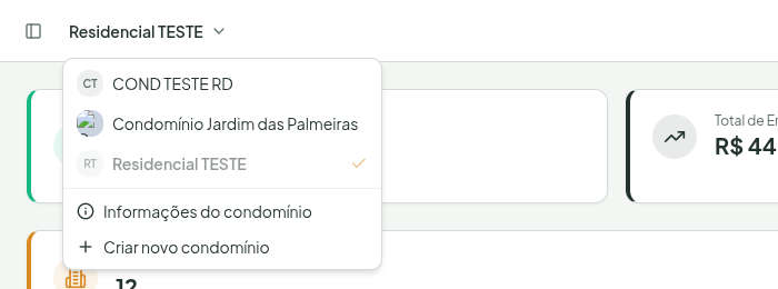 Cabeçalho com o seletor de condomínio aberto, mostrando a lista de condomínios do usuário e as opções Informações do condomínio e Criar novo condomínio