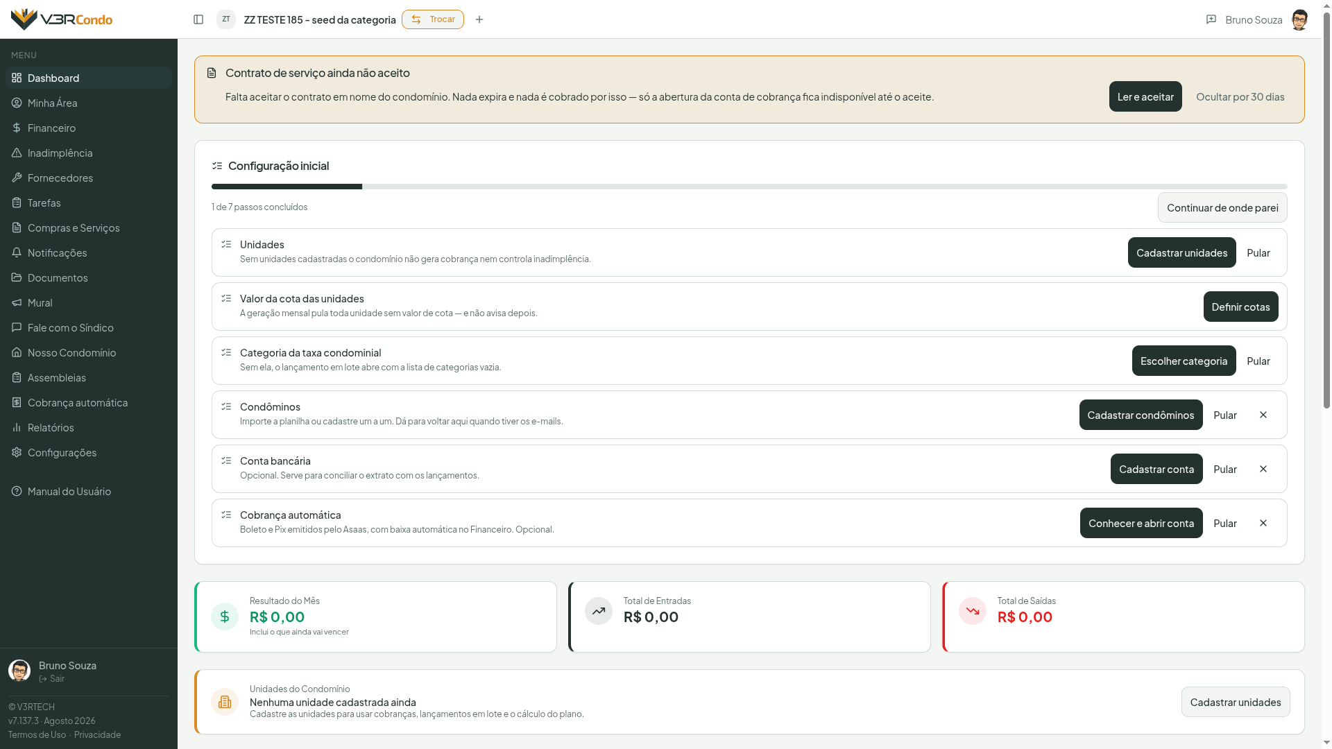 Faixa no topo do Painel avisando que o contrato de serviço ainda não foi aceito, com os botões Ler e aceitar e Ocultar por 30 dias