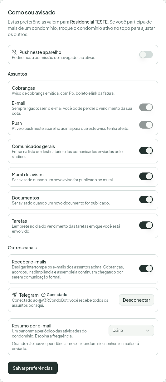 Cartão "Como sou avisado", com os assuntos e canais de notificação