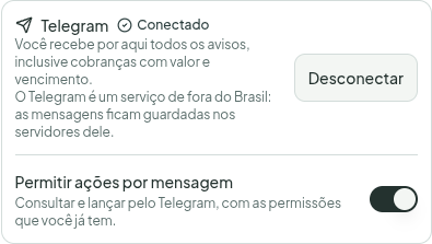 Cartão de conexão com o Telegram em Meu Perfil, mostrando o status Conectado e o interruptor Permitir ações por mensagem ligado