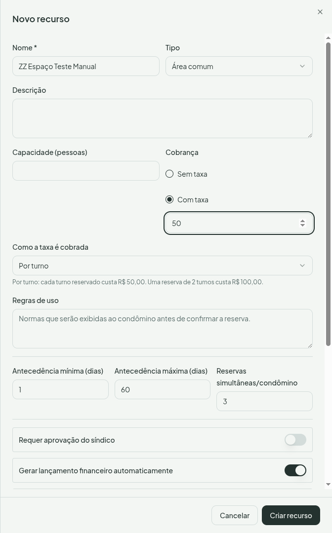 Cadastro de ambiente com a escolha Sem taxa / Com taxa e a explicação do cálculo com o valor informado