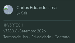 Rodapé do menu lateral com nome, versão instalada e os links Termos de Uso, Privacidade e Contrato