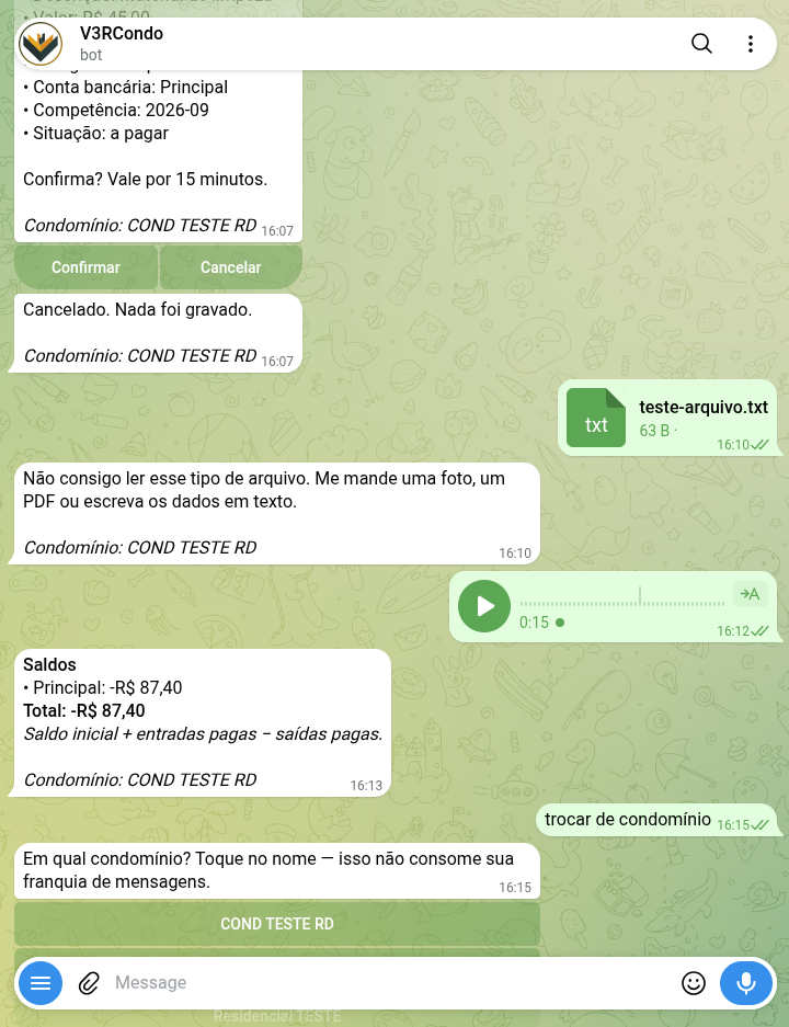 Bot avisando que não conseguiu ler um arquivo de texto enviado, e pedindo foto, PDF ou os dados digitados