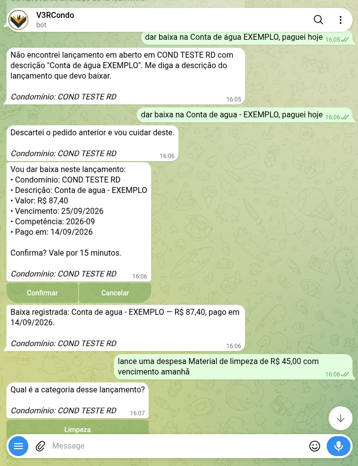 Confirmação de baixa, mostrando o lançamento encontrado, o valor e a data de pagamento informada